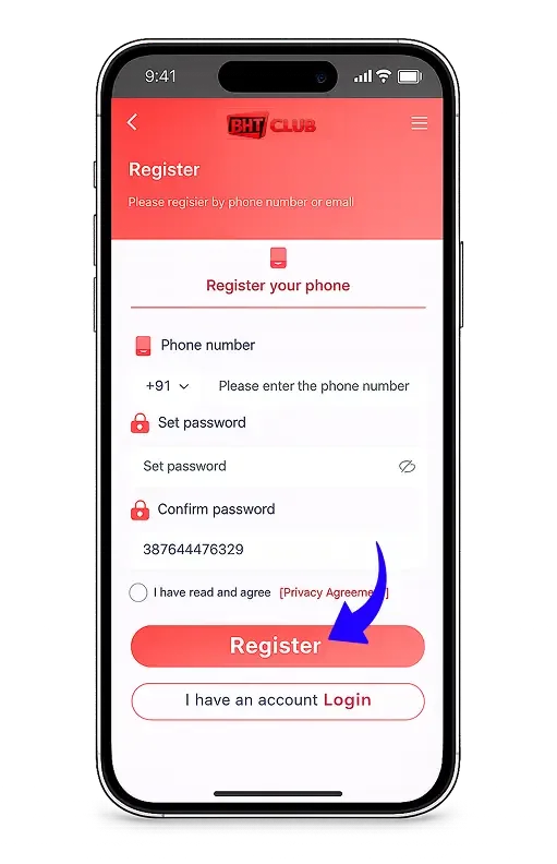 BHT CLUB – Registration screen